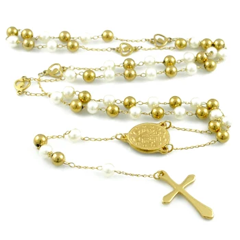 De aur&Alb Lung Colier Rozariu Noua Moda 6mm Margele Pandantiv Cruce Pentru Barbati Femei din Oțel Inoxidabil Catolică Bijuterii HN092