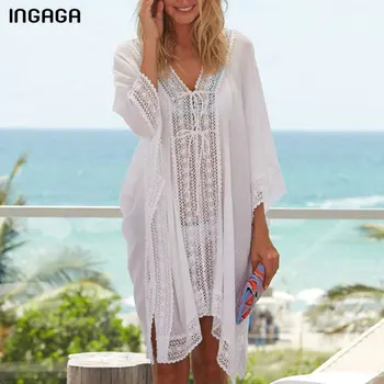 INGAGA 2021 Beachwear Acoperi Gol Rochie de Plaja Înnodate Tunica de Plaja, Costume de baie Femei Costume de baie Solid Dantela Costum de Baie Femei