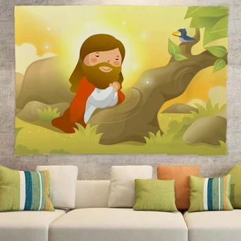 Desene animate drăguț Creștin Isus Tapiserie de pe Perete 200x150cm Decor Minunat Poliester Perdele Plus Masă Lungă de Acoperire