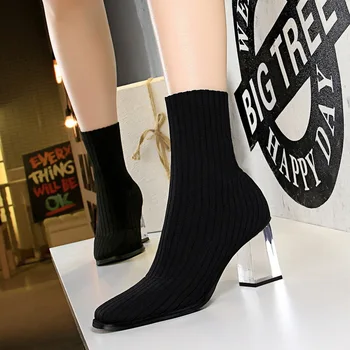 Tricotat de la Jumătatea vițel Cizme Femei Pantofi de Cristal Pătrat Tocuri Cizme de Moda Deget de la picior Pătrat Jumătate Șosete Cizme Negre, Gri Zapatos De Mujer