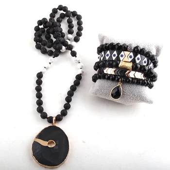RH Moda Negru Semi-Pretioase, Margele Piatră Pandantiv Colier si Bratara Set Pentru Femei Jewelryes Seturi
