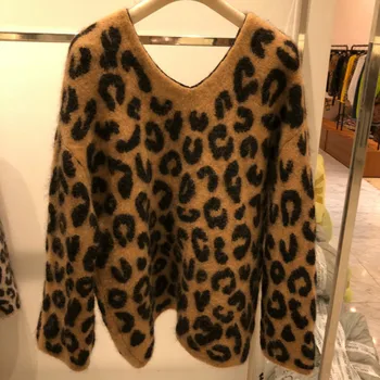 Toamna 2020 V-neck Maneca Lunga Elegante Leopard Pulover Vrac Casual cu Blană Caldă Femei Tricotaje, Pulover Supradimensionat Tinuta Sueter