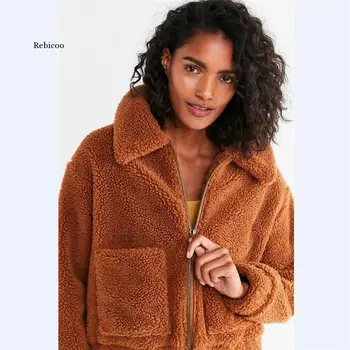 Toamna Iarna jacheta Femei uza & paltoane femei Faux lambswool Mare dimensiunea Vrac Rever bază jachete pentru Femei sacou scurt