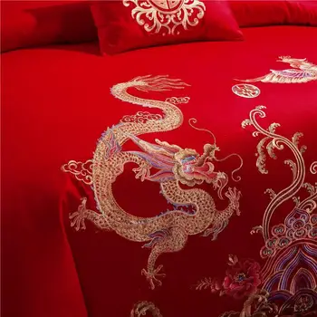 De lux Bumbac dragon și Phoenix Nunta Set de Pat Brodat Carpetă Acopere Foaie de Pat fețe de Pernă Regina King Size 4/6/7pcs