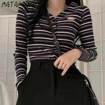 MATAKAWA Toamnă Lungă cu mâneci Pulover Femei coreene Culoare de Contrast Dungi V-gât a Fost Subțire Tricotate Cardigan de Sus