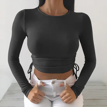 Shestyle Cordon Solid 2020 Toamna tricouri Femei cu Maneci Lungi Skinny Strans O de Gât Simplu Design de Brand Culturilor Topuri la Modă