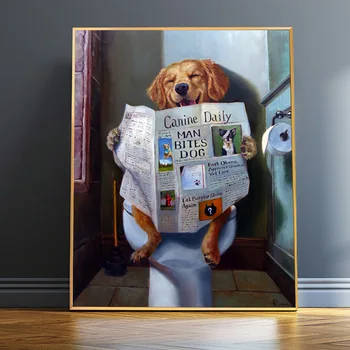 Animale Amuzant Smile Dog Citit Ziar Pictura In Ulei Pe Panza, Arta De Perete Poster Și Imprimă Imaginea De Baie, Toaletă Decor