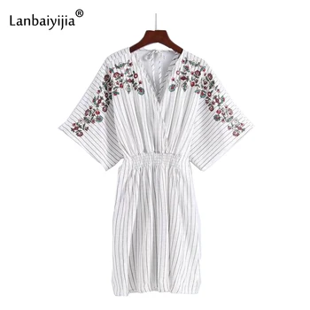 Lanbaiyijia Noi Femeile Mini Rochie V-gât broderii florale cu dungi dresss Batwing Maneca talie elastic rochie Femei rochii de Vara