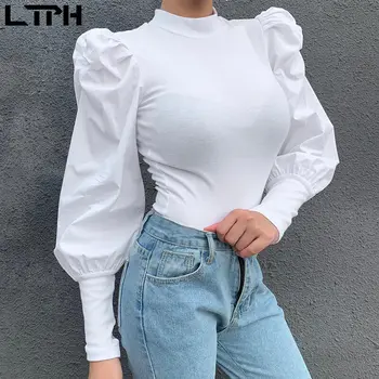 De vânzare la cald 2019 toamna și iarna femei Epocă nou plin felinar mâneci guler înalt și solid auto-cultivare wild bottom tricou