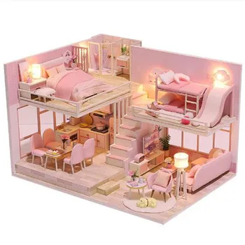 Noi 3D din Lemn pentru Casa Papusa Roz cu Mobilier în Stil DIY Casa in Miniatura Model de Lumină LED-uri de Lemn casă de Păpuși Cadouri de Crăciun Pentru Copii