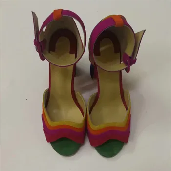 2020 Colorate Sandale Femei Peep Toe Sexy Slim Superficial Pantofi De Partid Indesata Pătrat Cu Toc De Mers Pe Jos De Încălțăminte Curcubeu Sandale