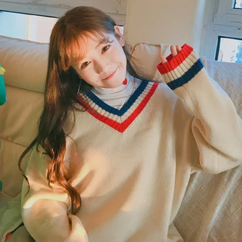 Coreeană Stil Dulce Pulovere Largi Femei Drăguț V-Gât cu Dungi de Culoare Lovit Pulovere Student Harajuku Bază Tricotate Jumper pentru Femei