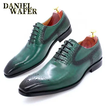 Moda Barbati Pantofi Oxford din Piele Pantofi Negru Verde Țese Subliniat Lace up Rochie de Lux de Nunta de Birou Formale Pantofi pentru Bărbați