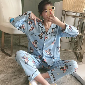 Femei Pijamale Primăvara și Toamna Noi Cardigan Casual coreean Uzura Acasă Set de Două Piese Maneca Lunga Lapte Pijamale de Mătase