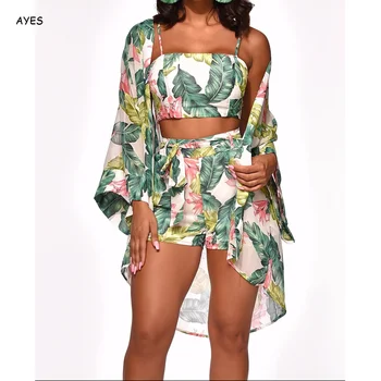 Vara 2020 Femei Boho 3Pcs Florale Imprimare Cardigan Bluza+Crop Top+pantaloni Scurți Doamna Holiday Beach Trei Piese Set pantaloni Scurți Casual Seturi
