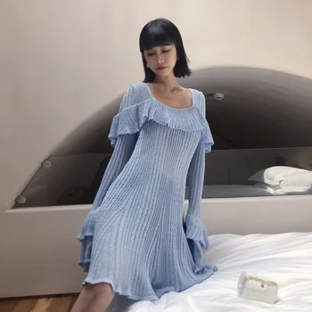 Kpop-coreean Celebritate toamna noua moda Ars cu Mâneci Lungi Albastru Subțire Tricot Rochie de femei coreene sexy backless genunchi lungime rochii