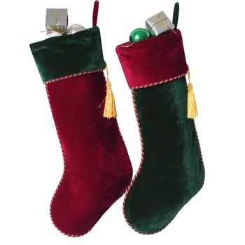 Noi arrvial Set de 2 buc Red & Green Velvet Ciorap cu ciucure decor Șosete de Crăciun ciorap P4634