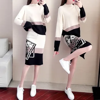 În 2020, Designer de Moda New Femei Purta Costum Tricotat cu Maneca Lunga pulover Pulover + Bodycon Fusta Sac de Șold Elegant Set de Două Piese