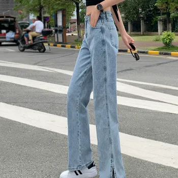 Lungime completă Blugi Femei Uri Laterale Șic-fantă Design Elegant Vara Doamnelor Denim Drept de Pantaloni de Bază se potrivesc Femei Streetwear