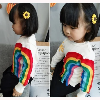 Noi 2019 Fete Pentru Copii Pulovere Brand Copii Toamna Noua Copii Tricotate Fete Pulover Pulover Bumbac Ciucuri Curcubeu Fete, Top Haine