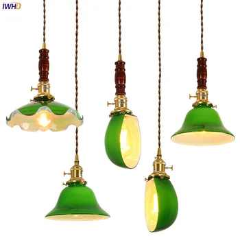 IWHD Verde Nordică Sticla Pandantiv Lumini de Corpuri de iluminat Stil Japonez Dormitor, Camera de zi din Lemn Vintage Cupru Lampă Agățat de Lumină LED-uri