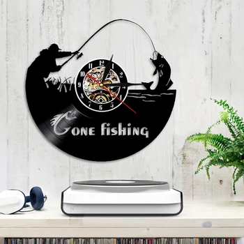 Plecat La Pescuit Pește Rod Ceas De Perete Pescar Decor Acasă Pescuit Disc De Vinil Ceas De Perete Ceasuri Handmade Cadou Pentru Pescari