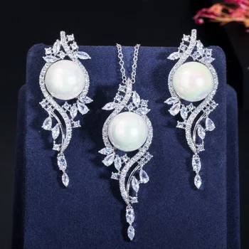 CWWZircons Design Elegant Verde Cubic Zirconia Cristal Lung de Perle Picătură Cercei Colier Set de Bijuterii Vintage pentru Femei T379