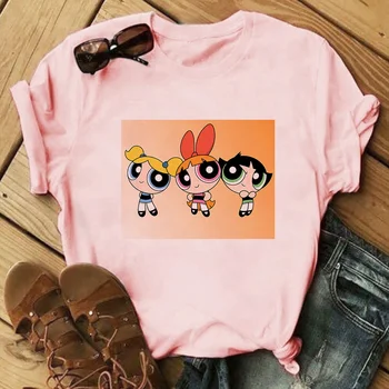 2020 Vara Noi Kawaii Roz Topuri Powerpuff Tricou Fetele Harajuku Amuzant de Desene animate Drăguț Imprimate T-shirt pentru Femei Îmbrăcăminte de Modă