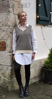 Casual V Gât Houndstooth Vesta Pulover Femei Fără Mâneci Largi Tricotate, Topuri Rezervor Coreea Stil Preppy Pulover De Toamna