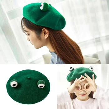 2021 Noi Femeile Drăguț Broasca Verde Ochii Bereta Pe Cap De Iarnă Lână Faux Kawaii Pictor Beanie Hat