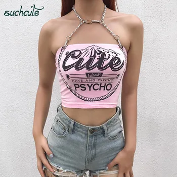 SUCHCUTE Femeie T-Shirt Cu Print Lanț de Metal Halter Topuri Modis Vara 2019 Gotic Harajuku Haine Stil coreean Cămașă Femei