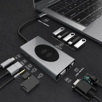13 în 1 USB de Tip C HUB pentru Multi USB 3.0, VGA, RJ45 4K HDMI PD Audio de 3,5 mm TF/Card de Memorie 10W Încărcător Wireless Hub Adaptorul de Andocare