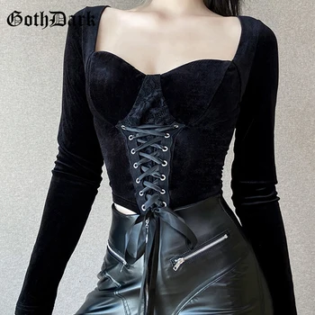 Goth Dark Vintage De Catifea Gotic Romantic Culturilor T-Shirt Negru Grunge Bandaj Mozaic Femei Topuri Cu Maneci Lungi V-Neck Bodycon Tees