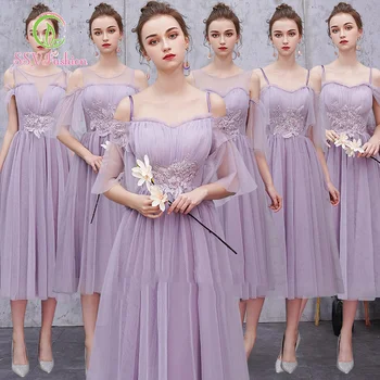 SSYfashion Elegant Tul Ceai-Lungime Violet domnisoarele de Onoare Rochii pentru Femei Oaspete de Nunta Rochie de Petrecere Personalizat Nunta Bal