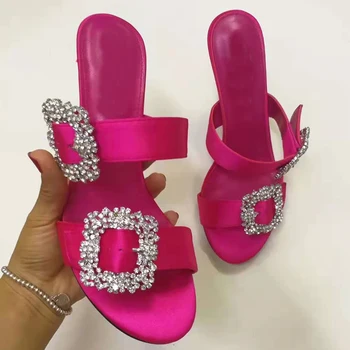 2019 Satin Roz Stras Sandale Femei Peep Toe Dublu Cristal Cataramă Pantofi Cu Toc Femei De Moda Pantofi De Nunta