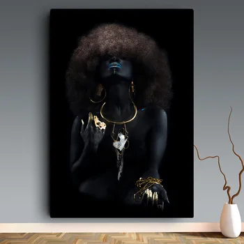Rezumat Aur Fata Sexy Negru African Femeie Pictura in Ulei pe Panza, Postere si Printuri Cuadros de Arta de Perete Imaginile Pentru Camera de zi