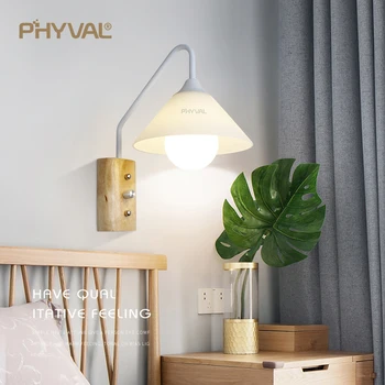 PHYVAL New sosire Lampă de Perete Modernă de Sticlă Abajur de Lampă de Perete Comutator de Bază de Lemn de Tranșee de Perete Dormitor Living