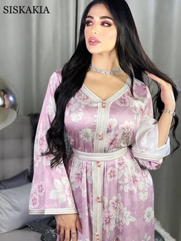 Siskakia Maneca Lunga Rochie Maxi pentru Femei Dulce Albastru Roz Dubai Abaya Moda Panglică Trim V-Neck Jalabiya Musulman se Încadrează În 2020 Nou