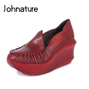 Johnature 2021 De Primavara/Toamna Din Piele Cusut Retro Casual Rotund Toe Femei Tocuri Inalte Doamnelor Pantofi De Pompe De