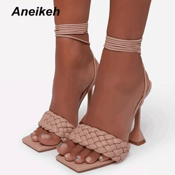 Aneikeh Sexy PU Eco-Legat Sandales de Vară 2021 NOI Peep Toe cu Toc Solid Moda Alunece Pe Tobogane Doamnelor Gladiator Pantofi de Partid