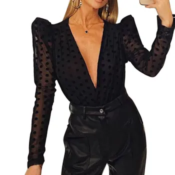Femei Sexy Bluza Eleganta Adânc V-gât Negru ochiurilor de Plasă Pur Vedea prin Puf de Lungă Maneca Tricou Top Bluza de Petrecere Clubwear