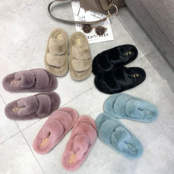 2020 Pufos Acasă Papuci Femei Faux Blana Papuci de casă Confortabilă cu Blană Slide-uri Open Toe Slip pe Moale Papuci de Casă Etaj, Plus Pantofi de Cald
