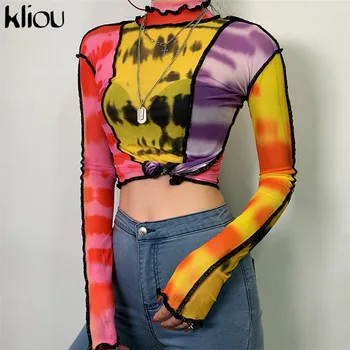 Kliou 2020 Toamna femei mozaic tricouri plasă de volane guler complet maneca elastica slab de sex feminin streetwear topuri teuri fierbinte