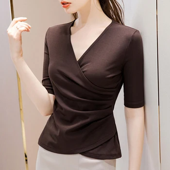 SISHION Plus Dimensiune Jumătate Maneca Femei T Shirt VD1586 Negru Roșu de Cafea Elegant V Gât Topuri Femeile tricou femme