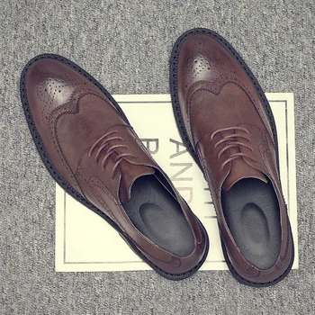 Manual Mens Wingtip Oxford Pantofi Gri din Piele Bocanc de Barbati Pantofi de costum de Afaceri Clasic Pantofi eleganți pentru Bărbați 56
