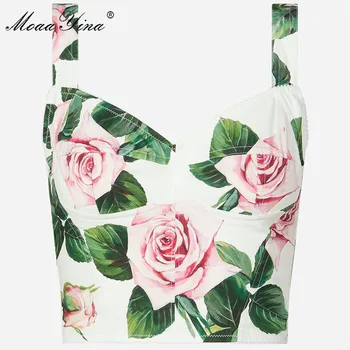 MoaaYina Designer de Moda de Vara Topuri Femeile Floral-Print Cotton Mici sling