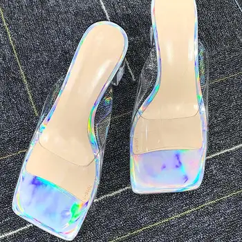 Onlymaker Femei 2020 Nou Colorat Pătrat Deget de la picior Deschis Cristal Indesata Toc Patrat Sandale Catâri Mijlocul tocuri Pantofi cu Tocuri Joase