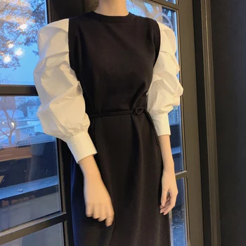 2020 Coreea de Toamna Femei Dulce Puff Maneca Mozaic Elegant casual Pulover Tricotat Rochie Lunga