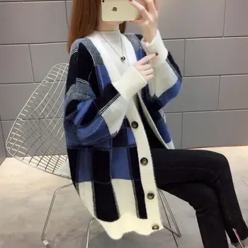 Primăvara și Toamna Noi Tricotate Cardigan pentru Femei-Stil coreean Liber haină de Lână Sacou Mid-Lungime Vânt Leneș Sus