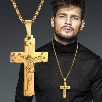 Gheata de Aur Mare Cruce Isus Penddant Colier Pentru Bărbați/Femei și Oțel Inoxidabil Lungime Lant Bijuterii Hip Hop